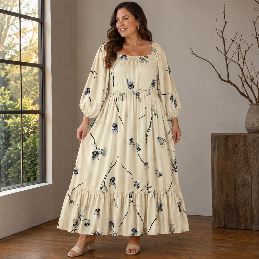 Boho Cottagecore roses Maxi Dress 3X smocked back Tiered Prairie one loved babe